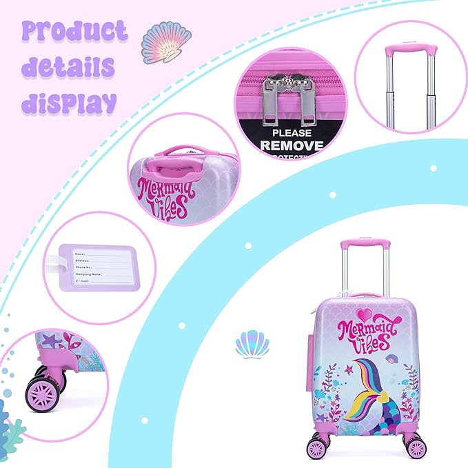 Kids Mermaid Suitcase Set for Boys Hardside Luggage with Spinner Wheels 5 Piece 16inch Toddler Suitcase for Boys Travel Carry on Luggage Airline Approved