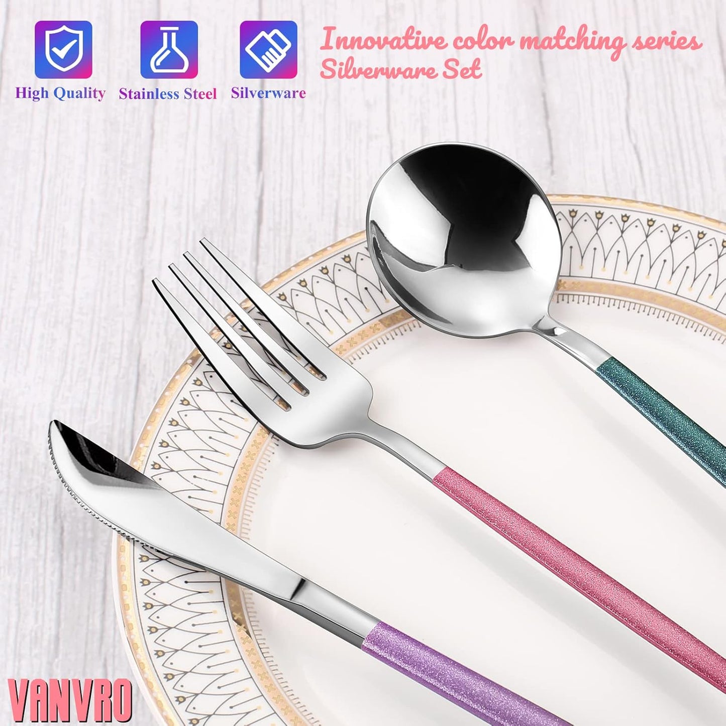 Mirror Silver multicolor Silverware Set, 20-Piece Stainless Steel Flatware Set, Satin Finish tableware Cutlery Set, Service for 4, Home and Restaurant, Dishwasher Safe