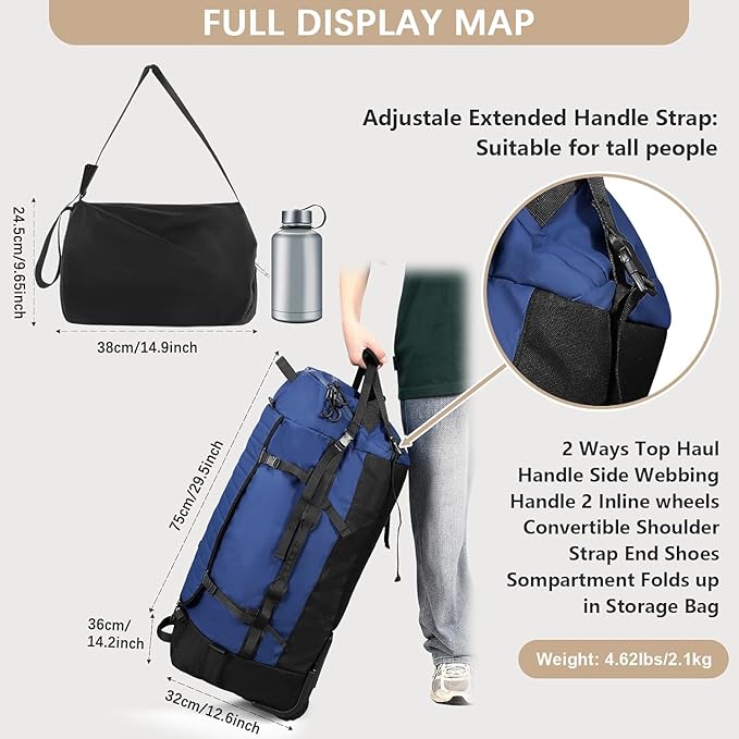 Rolling Duffle Bag with Wheels,86L 30”Carry on Luggage with Wheels,Folding Travel Bag,Duffle Backpack with Separate Shoe Compartment (dark blue)