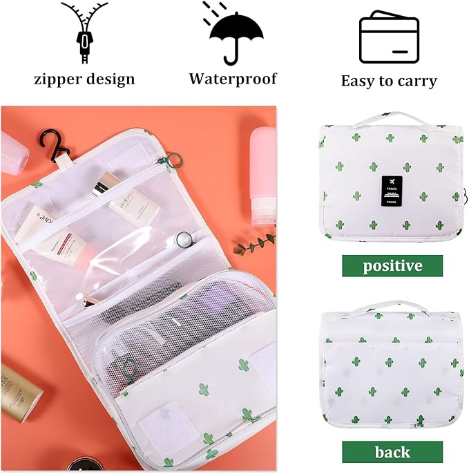Pengxiaomei Toiletry Bag, Waterproof Hanging Cosmetic Bag Portable Travel Makeup Pouch Multifunction Handle Travel Bathroom Bag Stocking Stuffers for Women and Girls Christmas Gifts(Cactus White)