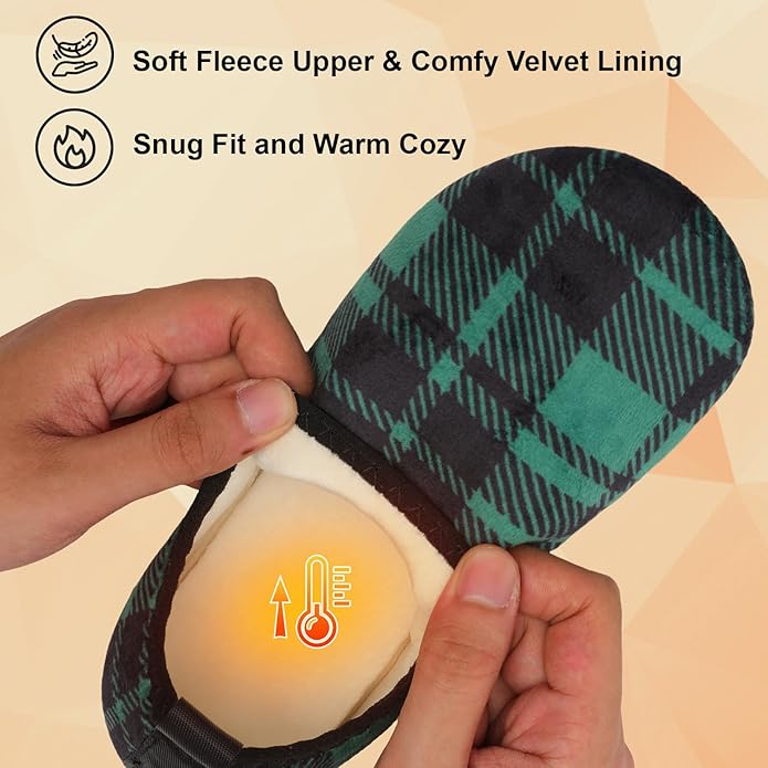 QFH Womens & Mens Cozy House Slippers - Portable Travel Shoes with Flexible Rubber Sole & Soft Velvet Lining