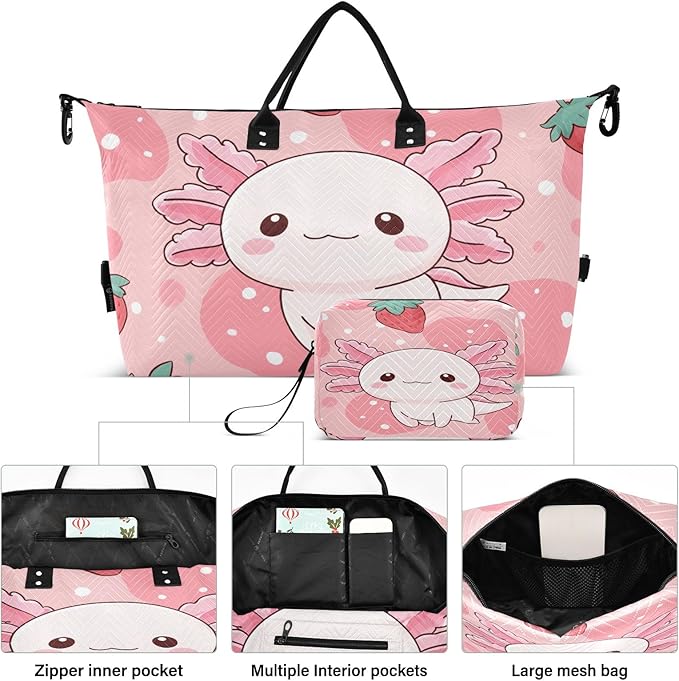 Travel Duffle Bag, Strawberry Axolotl Gym Bag with Storage Bag Weekender Overnight Bag for Men Women Trip Sports Yoga