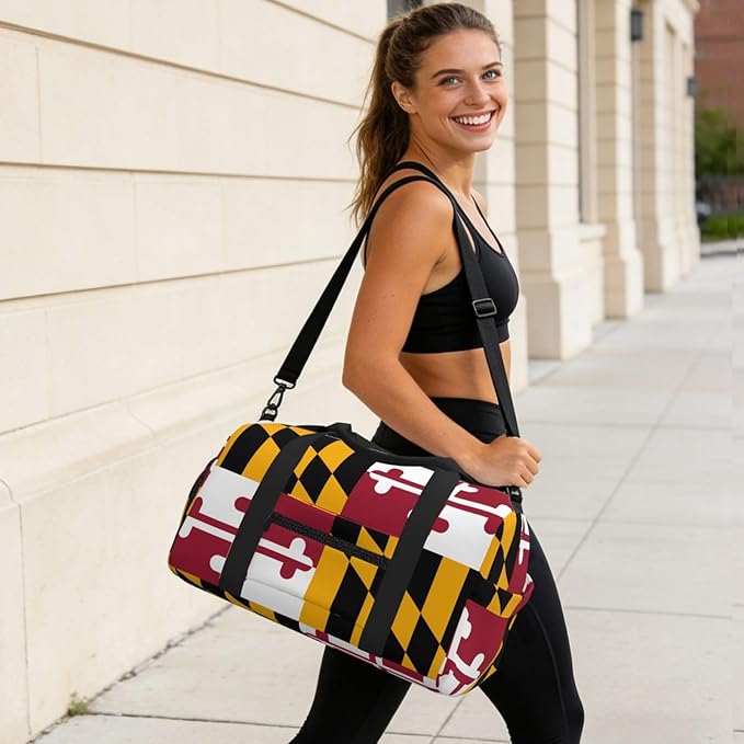 Maryland State Flag Print Gym Bag with Shoe Compartment for Women Men, 17.7in Sports Duffle Weekender Tote, Overnight Travel Duffel Bag Carry On
