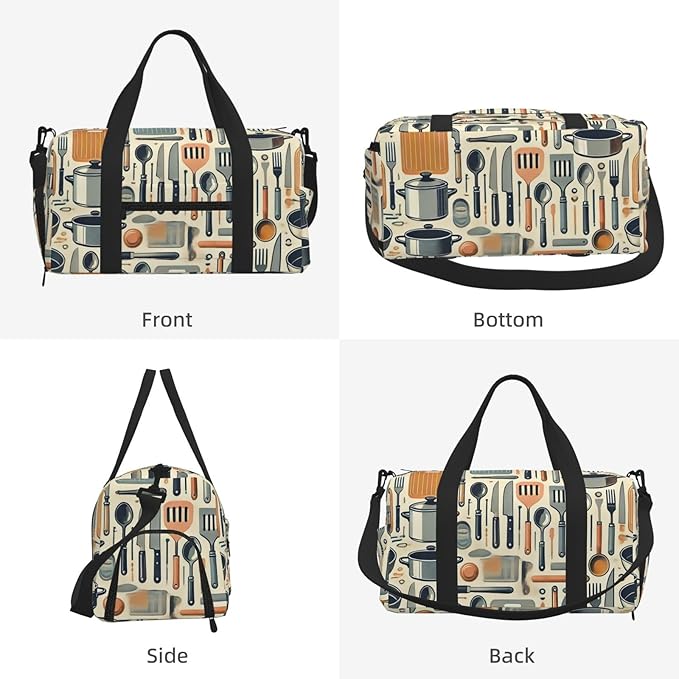 Kitchen Tools Print Gym Bag with Shoe Compartment for Women Men, 17.7in Sports Duffle Weekender Tote, Overnight Travel Duffel Bag Carry On