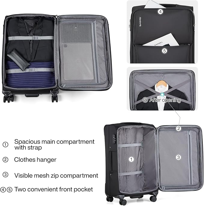 Hanke Softside Expandable 20 Inch Carry On Luggage with Wheels Airline Approved, TSA Luggage Lightweight Rolling Suitcases for Travel Carry On Bag(Black)