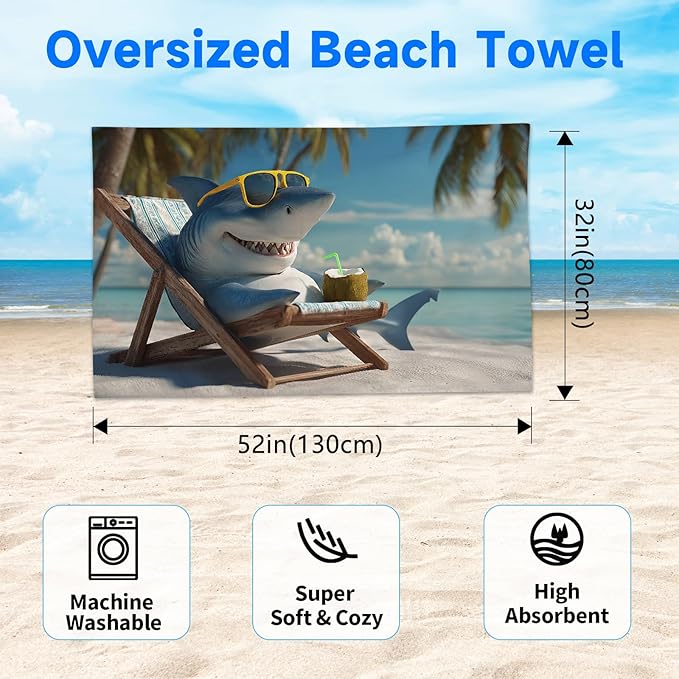 SARA NELL Shark Beach Towel, Funny Shark with Sunglasses and Drink Print, Summer Pool Beach Towel for Beach Vacation, Quick Dry Lightweight, 32"x52"