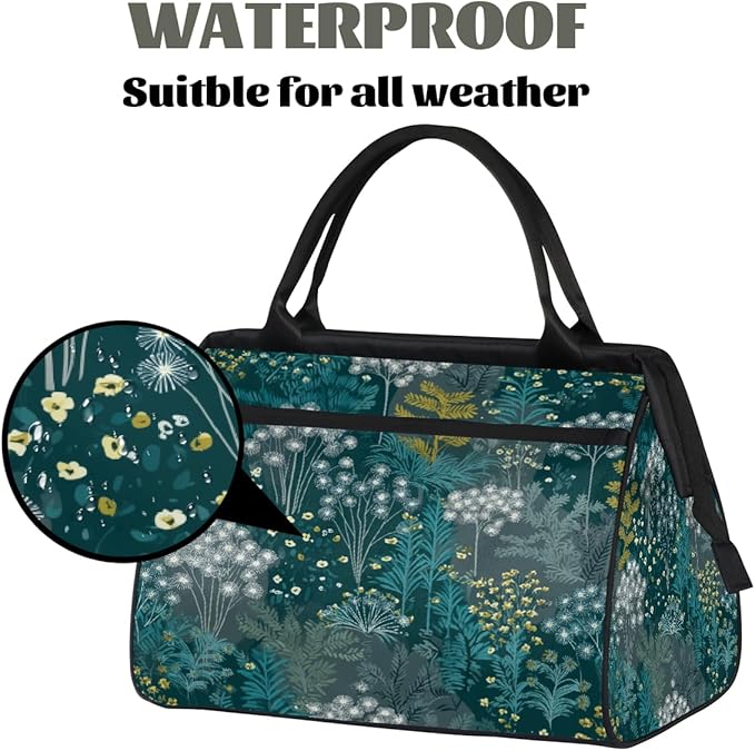 Teal Green Plant Pattern Overnight Weekender Bags for Women Men, Waterproof Travel Carry On Duffel Bag, Lightweight Sports Gym Bag for Fitness, Workout, Travel