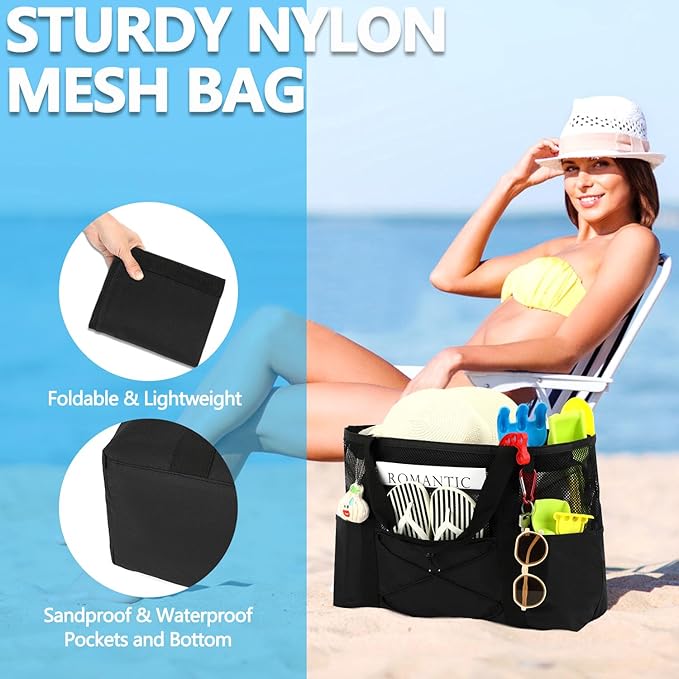 Mesh Beach Bag, Large Beach Tote with Zipper Pocket, Toys Pool Bag for Family Travel Vacation Cruise Essentials