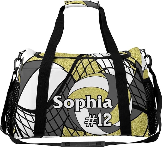 Custom Volleyball Grey Gold Duffel Bag with Name Personalized Travel Bags Sport Gym Bag Carry On Weekender Bags for Men Women