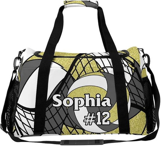 Custom Volleyball Grey Gold Duffel Bag with Name Personalized Travel Bags Sport Gym Bag Carry On Weekender Bags for Men Women