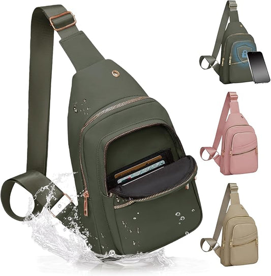 Small RFID Waterproof Sling Bag Travel Crossbody Bags for Women Men, Hands Free Lightweight Sling Backpack Chest Pack Daypack for Outdoors Hiking Traveling Fitness Sport Commuting Green