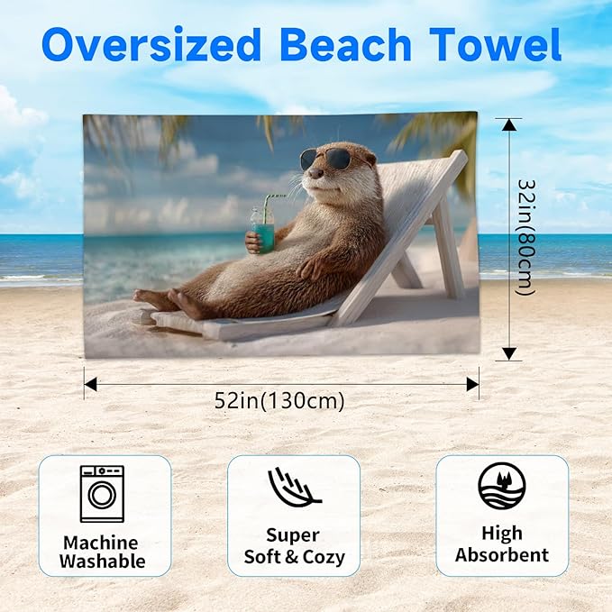 SARA NELL Otter Beach Towel, Cute Otter with Sunglasses and Drink Print, Summer Pool Beach Towel for Vacation, Soft Quick Dry Lightweight, 32"x52"