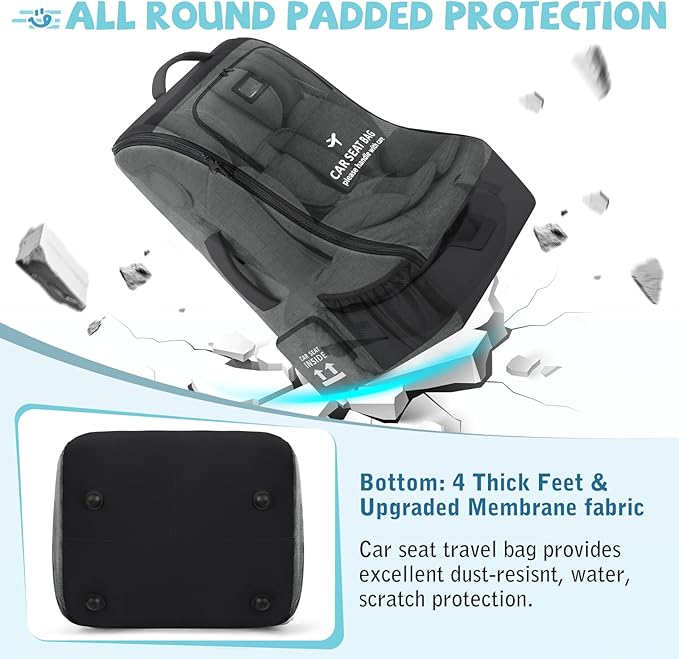 RAINSMORE Car Seat Travel Bag for Airplane Padded Carseat Backpack Heavy-duty Car Seat Cover for Air Travel Infant Car Seat Carrier Bag with Shoulder & Waist Strap, Fits Most Car Seat & Booster Seats