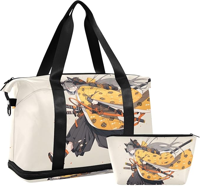 AIXIWAWA Duffel Bag Set for Gym Travel with Shoes Compartment Toiletry Bag Anime Samurai Print