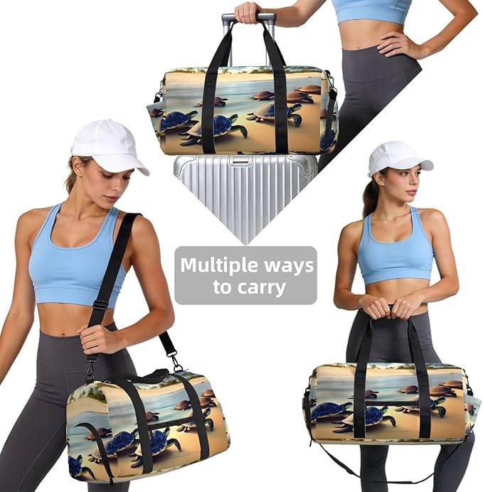 turtles on the beach Print Gym Bag with Shoe Compartment for Women Men, 17.7in Sports Duffle Weekender Tote, Overnight Travel Duffel Bag Carry On