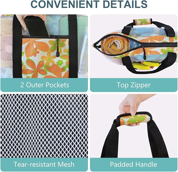 ASL Mesh Beach Bag with Cooler Compartment for Women, 2-in-1 Print Travel Tote 30L with Zipper and Pockets, Pool Picnic