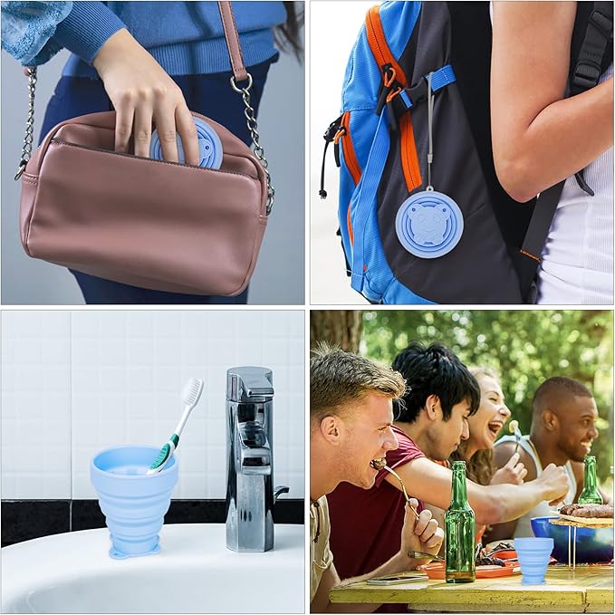 Reusable Foldable Silicone Water Cup, Portable Picnic Snacks Cup, Pocket Size Travel Cup Extensible, Collapsible Cups with Lid for Camping, Travel (Blue with Rope)