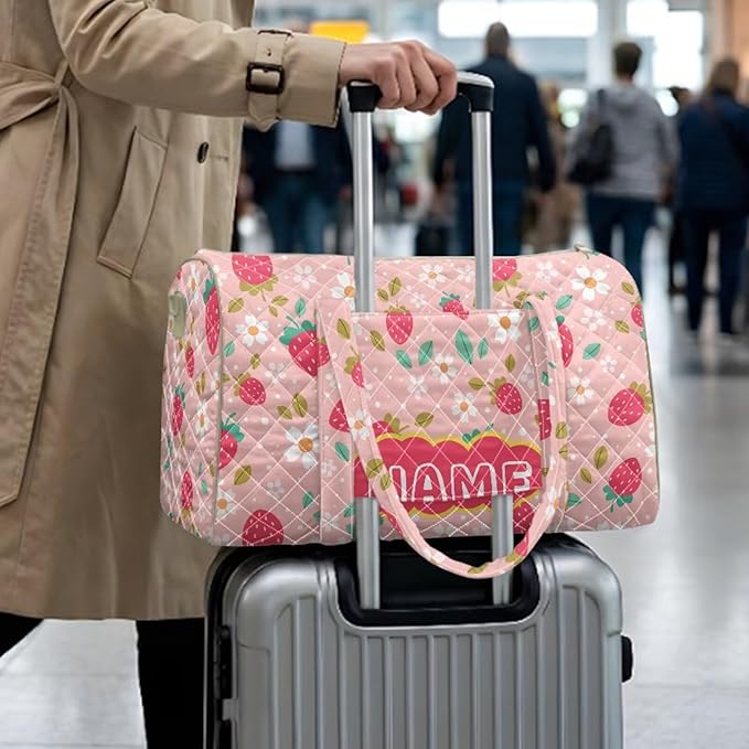 COEQINE Pink Strawberry Floral Quilted Bags for Women Tote Purses for Womens Personal Item Travel Bag Multiple Interior and Exterior Pockets