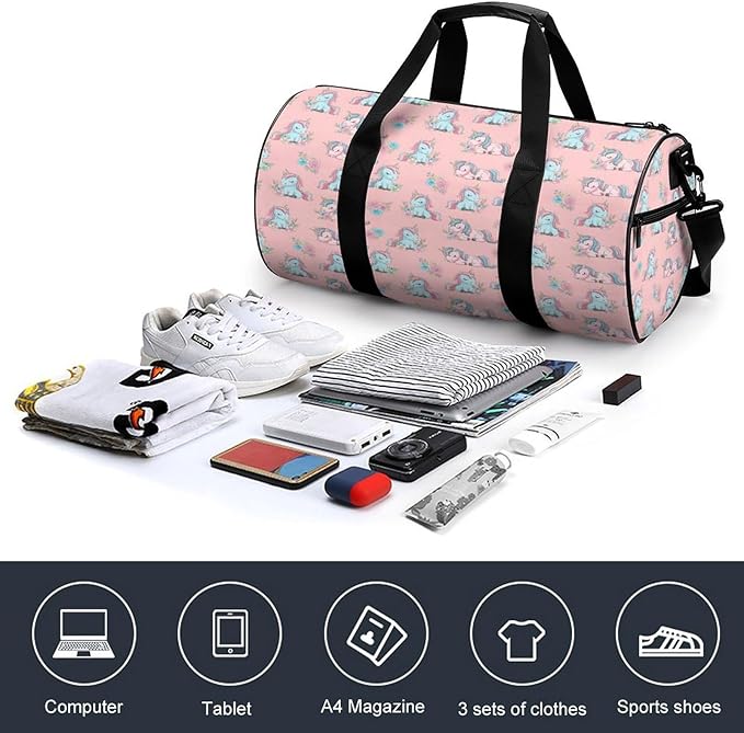 Foldable Gym Bag Pink Cute Unicorns Lightweight Travel Sports Bag Carry On Weekender Overnight Bags Beach Yoga Bags