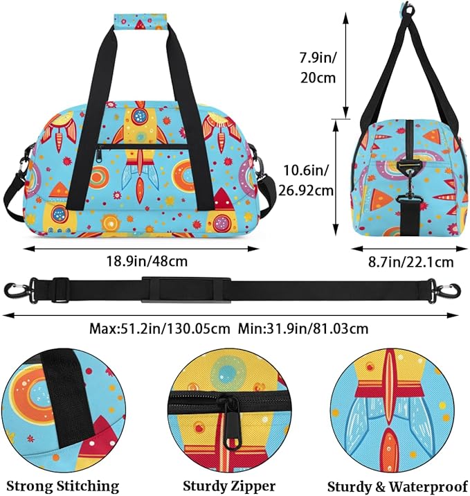 Rocket Pattern Gym Travel Duffle Bag for Women & Men with Front Zipper Pocket for Sports, Overnight, Weekender, Carry On,Workout & Dance Bag,18.9 * 8.7 * 10.6 in