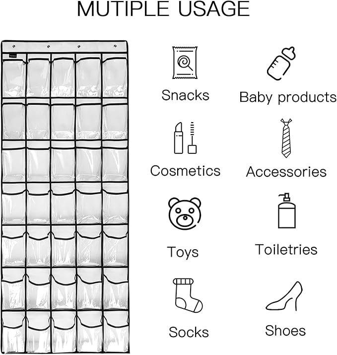 1 Pack 35 Clear Crystal Pockets Large Hanging Shoe Organizer Over The Door Shoe Rack for Closet Door Storage Shoe Holder Hanger, 4Hooks, white (67.7'' x 26.4'')