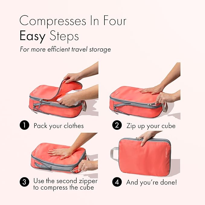 (Not Made In China) Compression Packing Cubes For Travel, Suitcase and Luggage Space Saver Organizer Bags, Lightweight, Waterproof Nylon, Durable, 4pc Set, Coral