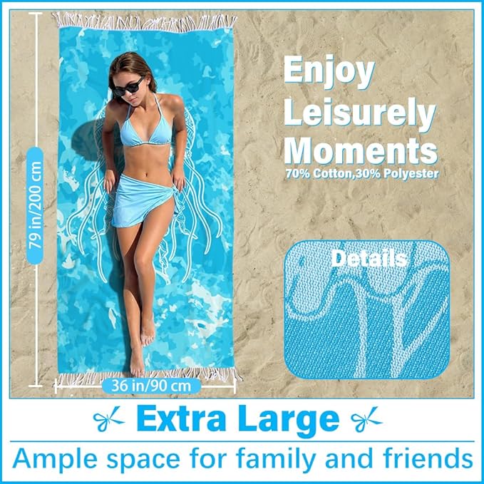Thin Turkish Beach Towel Lightweight Soft Cotton Extra Large XL Oversized Sand Free Sandproof Absorbent Quick Dry Towels Cloud Bath Pool Travel Compact Essentials Accessories for Adult Gifts