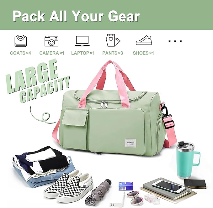 WOOMADA Foldable Travel Duffel Bag for Women, Weekender Bags with Shoes Compartment,Overnight Bag with Wet Pocket & Trolley Sleeve(Green&Pink)