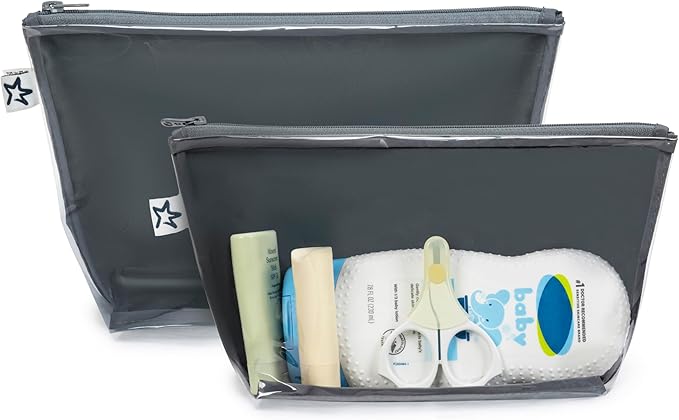 Tiny Twinkle Diaper Bag Organizing Pouches | 2 Pack Mess-Proof Travel Organizer Bags with Structured Bottom & Clear Front | TSA Approved Toiletry Bag Set for Baby and Mom Essentials (Charcoal)