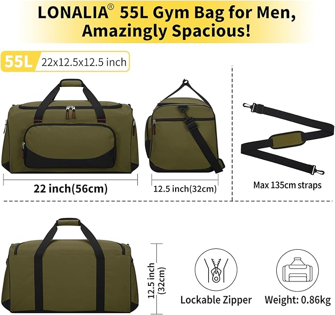 55L Large Sports Duffle Bag for Men - 22 Inch Heavy Duty Gym Duffel Bag (Olive Green)