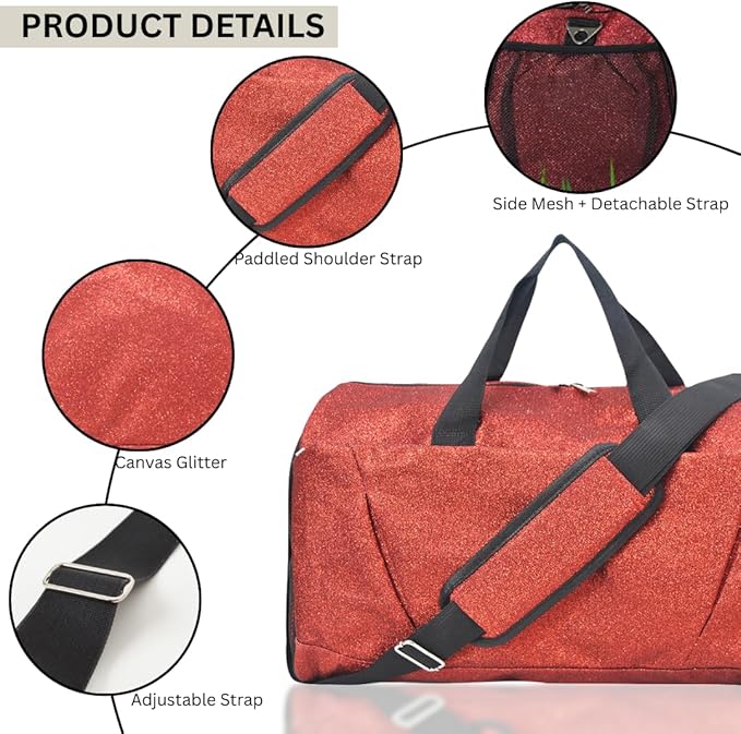 NGIL Glitter Cheers Sports Gym Duffel with Shoe Compartment and Small Carry on Travel Tote Bags for Women, Gym bag, Overnight bags for Women, Cheer Bag (Glitter-Red)