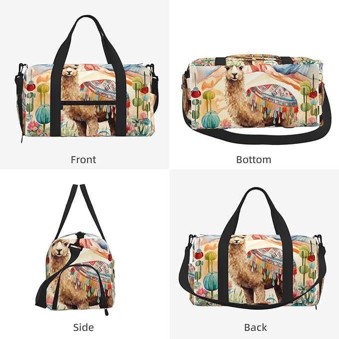 Sports Gym Bag Watercolour Camel Cactus Alpaca Travel Duffel Bag With Shoe Compartment Shoulder Strap, Lightweight Water-Resistant Weekend Overnight Totes For Women Men