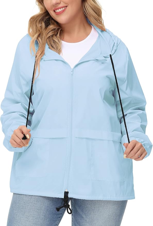 Avoogue Plus Size Raincoat Women Waterproof Rain Jacket Packable Outdoor Hooded Windbreaker
