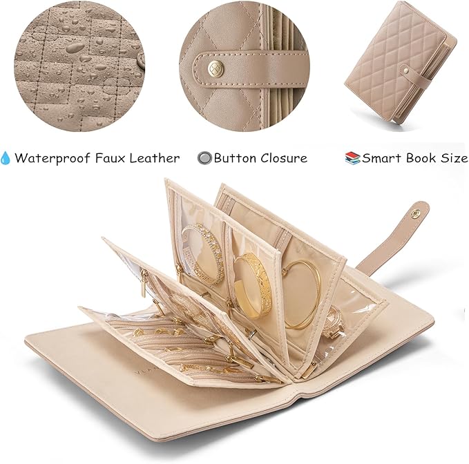 VLANDO Jewelry Book Organizer - Leather Travel Jewelry Case with 5 Detachable Pages for Necklaces, Rings, Earrings, Tangle-Free, Giftable, Latte