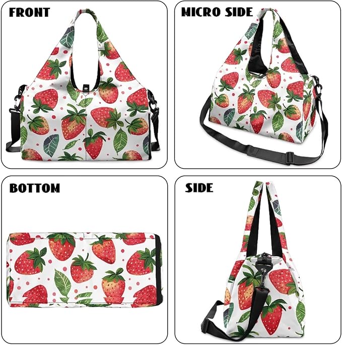 Gym Bag Women Strawberry Note Workout Bag with Shoe Compartment, Wet Pocket,Travel Tote Bag with Mat Carrier, Waterproof Overnight Bag Carry On Weekender