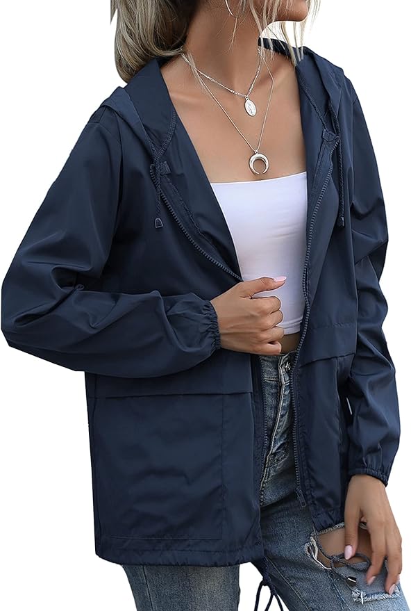 Women's Raincoats Lightweight Waterproof Windproof Adjustable Windbreaker Rain Jackets Hooded with Pockets S-XXL