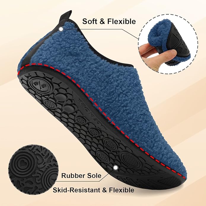 QFH Womens & Mens Cozy House Slippers - Portable Travel Shoes with Flexible Rubber Sole & Soft Velvet Lining
