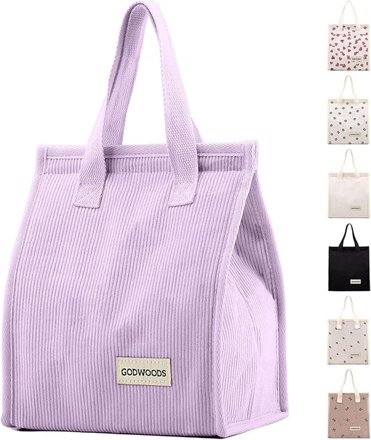 TELLUMO Corduroy Lunch Bag for Women Men Cute Lunch Bag Insulated Lunch Box with Large Capacity (7.5L) Reusable Lunchbag for Work, Picnic, Beach or Travel (S- Corduroy Purple)
