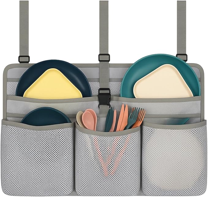 Camping Dish Drying Bag, Collapsible, Portable Mesh Drainer Rack for RV, Travel Trailers & Outdoor Kitchens, Space-Saving, Quick-Dry Organizer for Plates, Cups & Utensils (Gray)