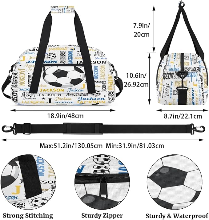 Custom Name Soccer Duffel Bag for Boys, Personalized Sports Gym Bag Overnight Travel Weekender Bag Lightweight Carry On Sleepovers Bag for School Practice Gymnastics