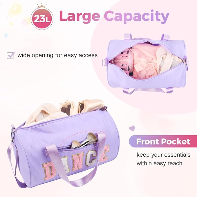 Dance Bag for Girls, KUIRAN 23L Waterproof Travel Duffel Bag with Colorful Chenille Letter, Lightweight Small Gym Sport Ballet Weekender Bag with Large Main Compartment - Purple/Pink/White