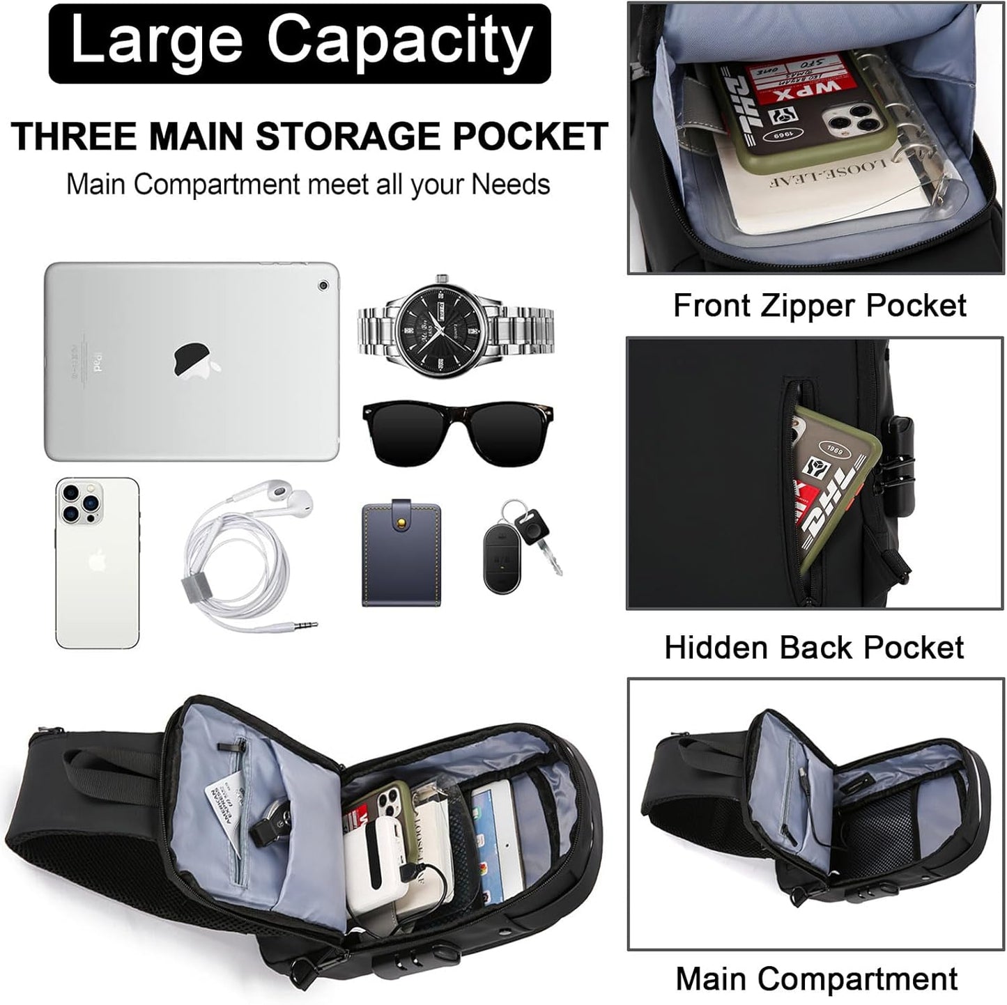 Sling Bag for Men Anti-theft USB Crossbody Shoulder Backpack Purse Waterproof PU Leather Chest Bag Travel Daily Use