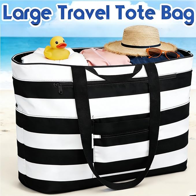 BKNOOU Extra Large Beach Bags Waterproof Sandproof XL Beach Tote Bag for Women Zipper Foldable Swim Pool Bag with Wet Pocket