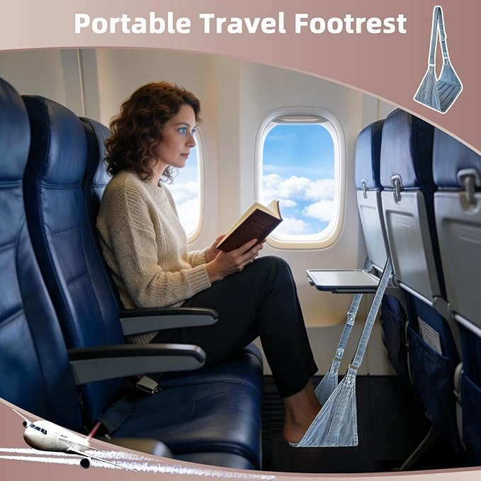 Airplane Foot Hammock, No Collapse Foot Rest for Plane Travel with Extended Adjustment Strap, Portable Desk Foot Hammock with,Cotton Denim, Foot Sling Travel Essentials to Relax Your Feet(Light Blue)