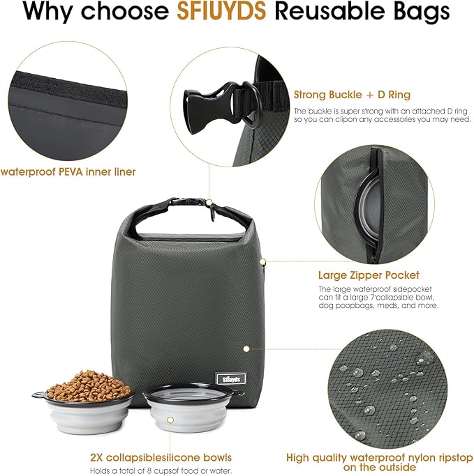 Travel Dog Food Container Pet Food Storage Bag Containers 2PCS Collapsible Travel Dog Bowls Waterproof Camping Storage Essentials Kibble Carrier 20L Easy to Clean (Grey, Large)