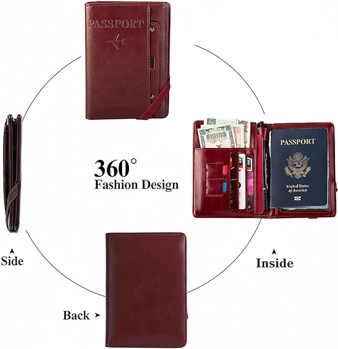 Genuine Leather Passport Holder Cover - RFID Blocking Travel Wallet & Passport Case with Pen Holder, Dual SIM Card Slots & Boarding Pass Pocket for Men & Women,Family Travel Essentials, Retro Style