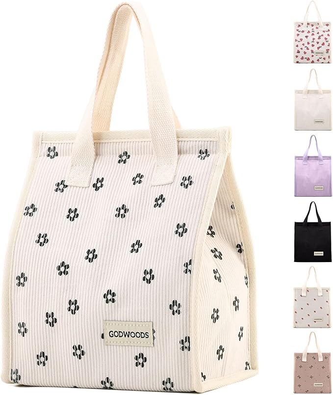 TELLUMO Corduroy Lunch Bag for Women Men Cute Lunch Bag Insulated Lunch Box with Large Capacity (7.5L) Reusable Lunchbag for Work, Picnic, Beach or Travel (S- Corduroy BlackClub)
