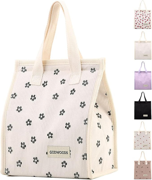 TELLUMO Corduroy Lunch Bag for Women Men Cute Lunch Bag Insulated Lunch Box with Large Capacity (7.5L) Reusable Lunchbag for Work, Picnic, Beach or Travel (S- Corduroy BlackClub)