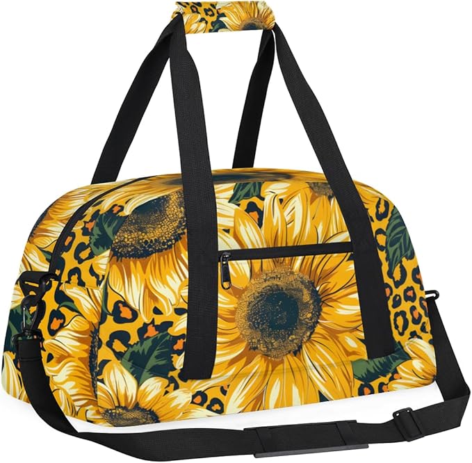 Leopard Yellow Sunflower Gym Travel Duffle Bag for Women & Men with Front Zipper Pocket for Sports, Overnight, Weekender, Carry On,Workout & Dance Bag,Yellow Flower Floral,18.9 * 8.7 * 10.6 in