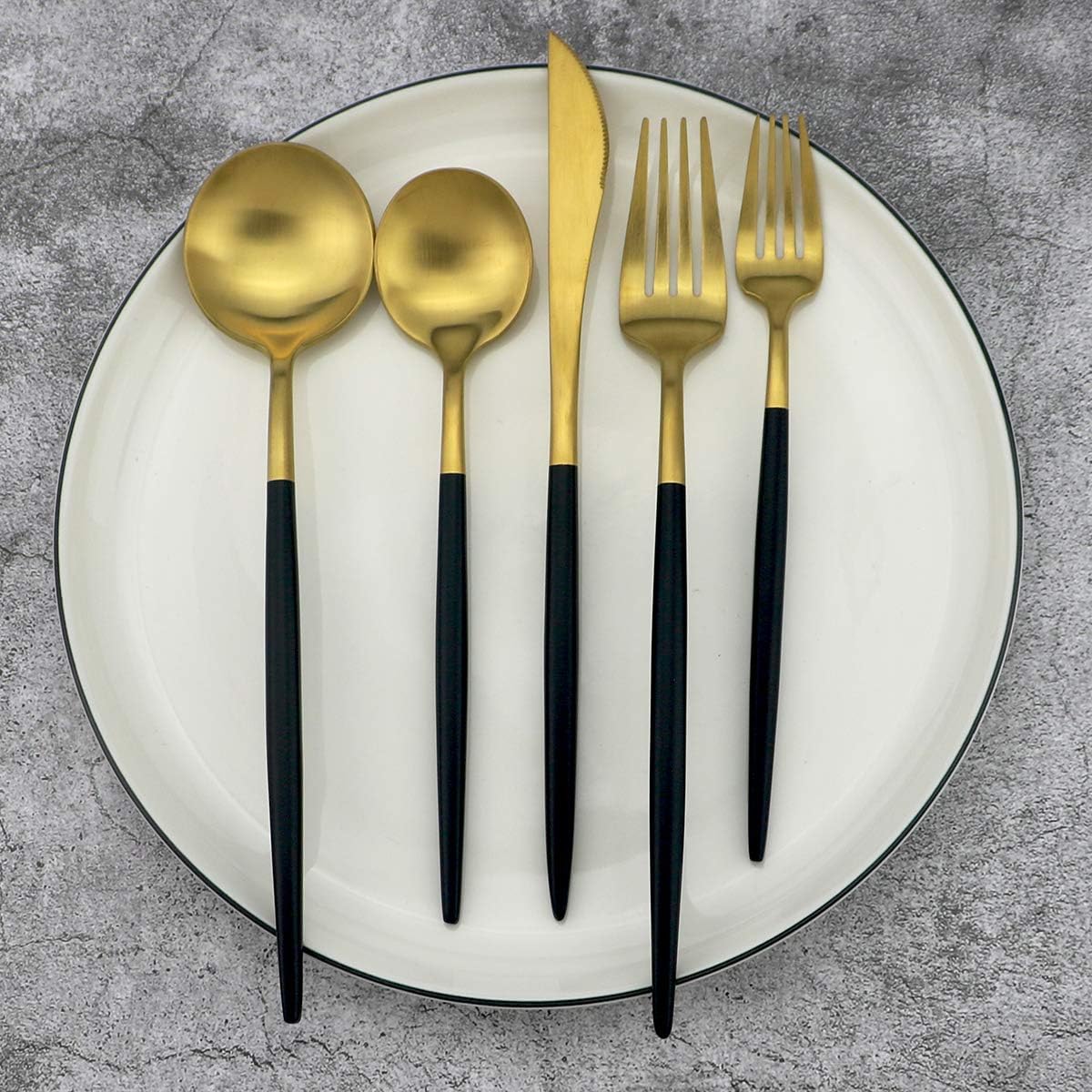 Gugrida 20-Piece 18/10 Stainless Steel Flatware Silverware, Luxury Dinnerware Set Travel Cutlery Tableware Include Knife Fork Spoon Service for 4, Dishwasher Safe (Black Handle Matte Gold)